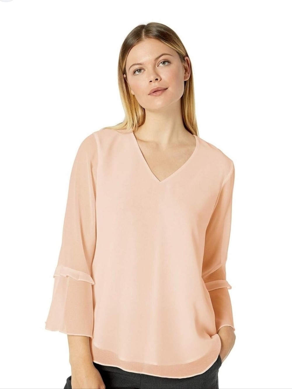 Pretty Blush Nude Pink Chiffon Ballet Sleeve Blouse with V-Neck Back - size M